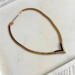 Vintage Christian Dior Black Enamel Crystal Necklace, 16”, Gold Toned (Plated)